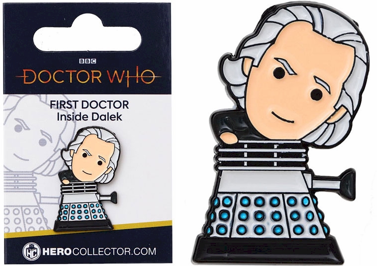 Doctor Who First Doctor Piloting a Dalek Chibi Style Pin Badge